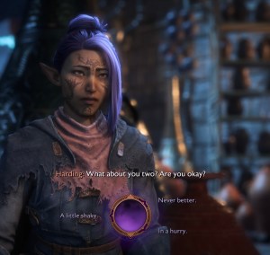 image of an Antivan elf Rook with purple hair, vallaslin, with East Asian features